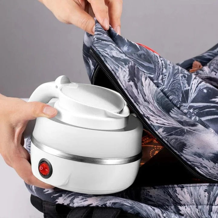 Lightweight collapsible travel kettle for compact packing. Electric silicone tea maker, coffee maker, hot water essential.