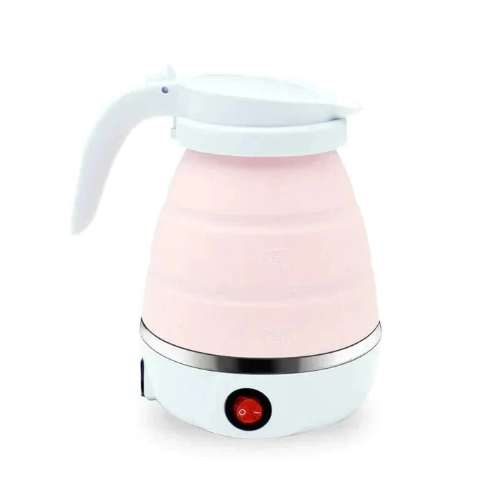 Portable silicone travel kettle, collapses for easy storage. Electric hot water maker for tea, coffee, camping & hotels.
