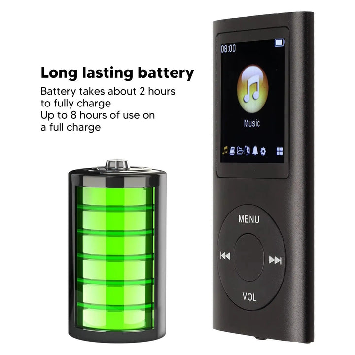 Ultra-compact MP3 player with lossless sound quality, 1.8" LCD screen for portable entertainment.