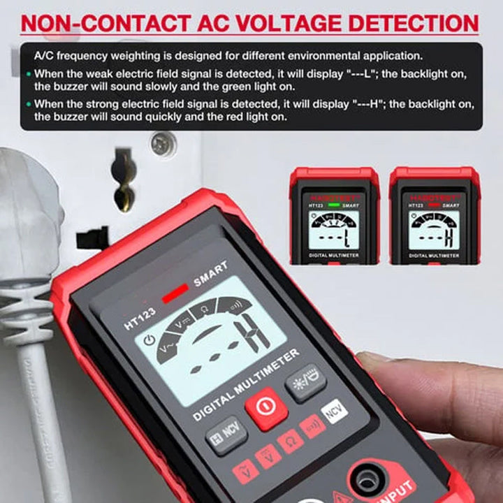 Compact digital multimeter with backlight, clear readings in low-light electrical testing environments