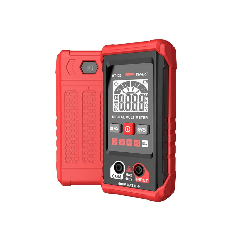 Side view of a compact digital multimeter, highlighting its slim design for portability