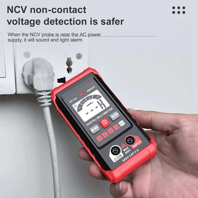 Portable digital multimeter with red test leads, a versatile tool for electrical diagnostics