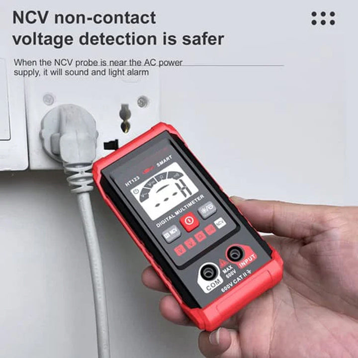 Portable digital multimeter with red test leads, a versatile tool for electrical diagnostics