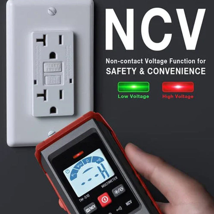 Compact electrical digital multimeter showing resistance measurement, ideal for field use