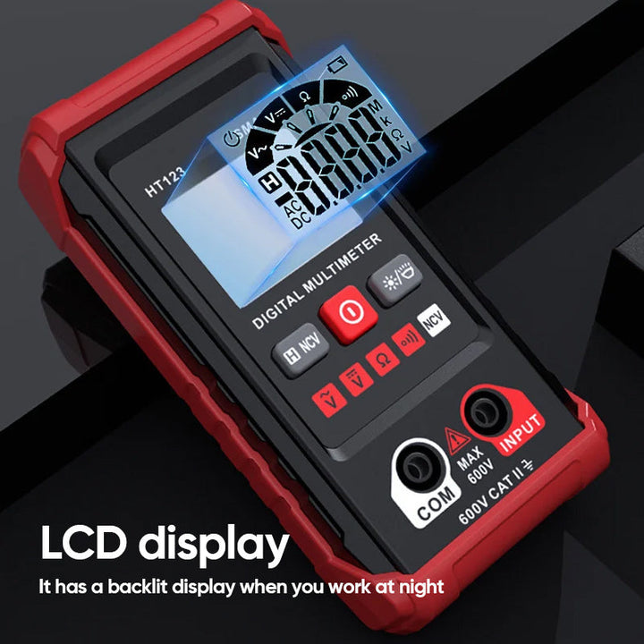 Close-up of a compact digital multimeter's rotary switch, selecting measurement functions
