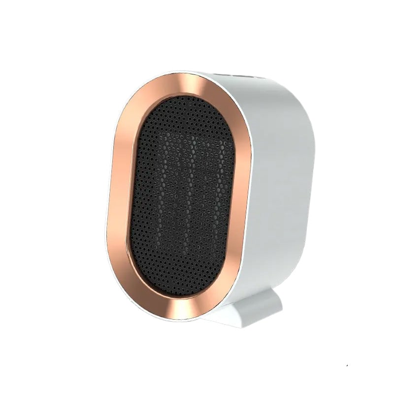 White compact electric heater with quiet operation for a comfortable desk environment.