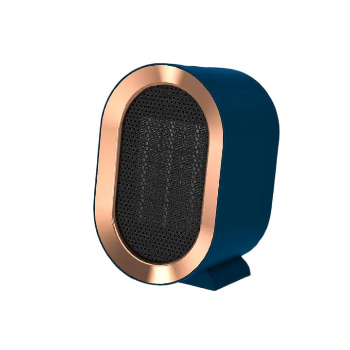 Safety-featured compact electric heater, ideal for personal desk heating.