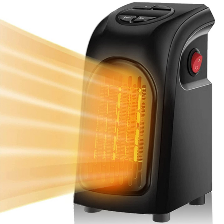 Compact electric fan heater with adjustable thermostat for personal home & office space heating.