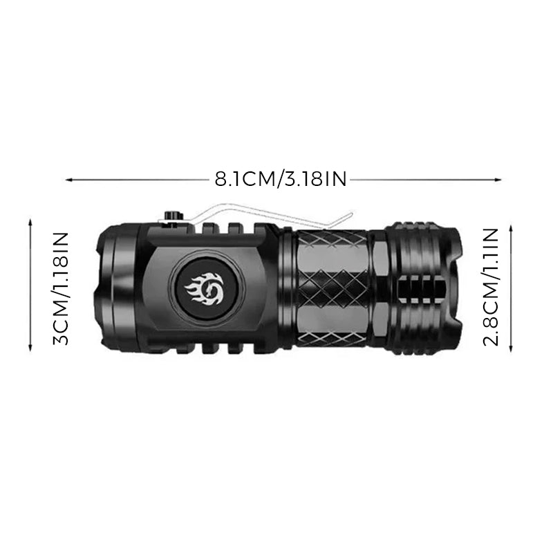 LED flashlight displaying its various light modes, from low to high illumination