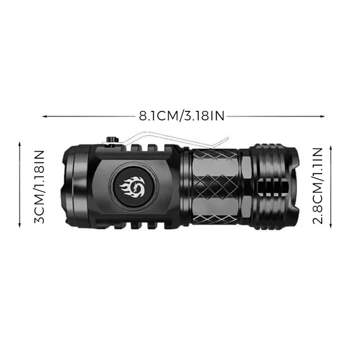 LED flashlight displaying its various light modes, from low to high illumination