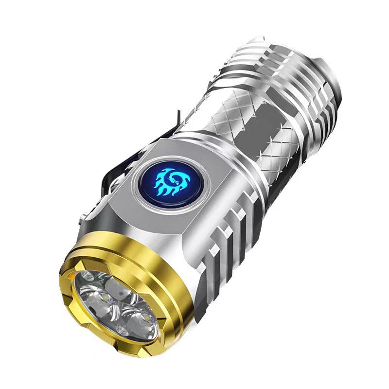 Emergency mini LED flashlight with its charging cable, ready for quick power-up