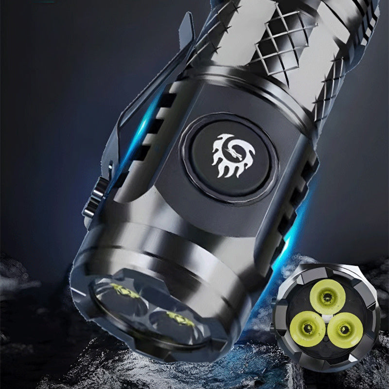 LED flashlight emitting a bright beam, highlighting its power and emergency light capability