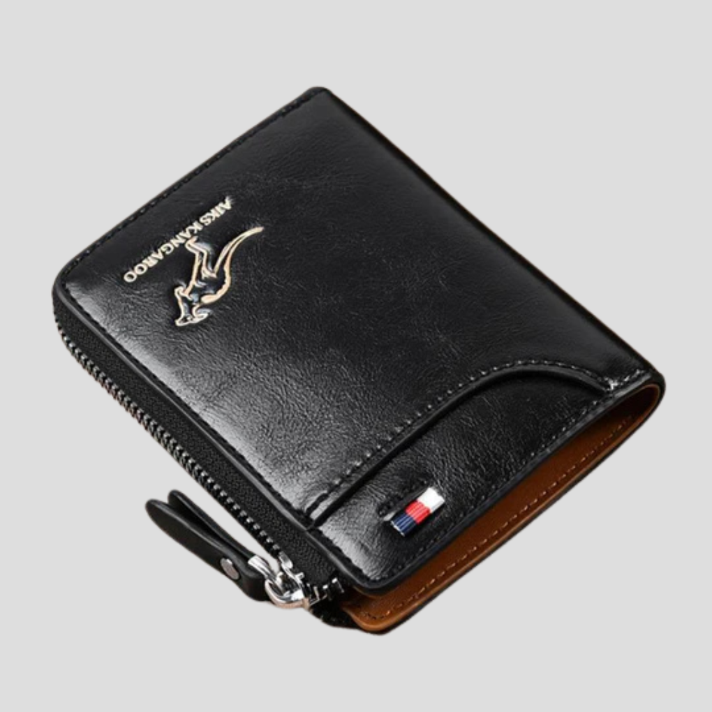 Compact men's RFID blocking wallet in black, designed for anti-theft security and secure card holding.