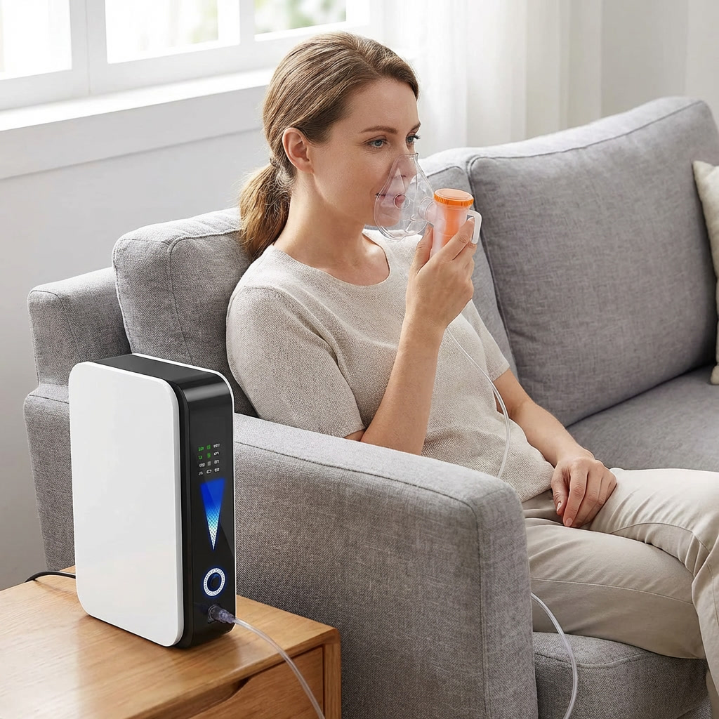 Compact personal oxygen concentrator for portable breathing support. Lightweight respiratory aid for home and travel.