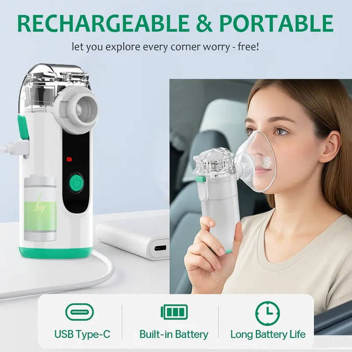 Wellness device: Compact mist inhaler provides respiratory relief & easy breathing, USB rechargeable.