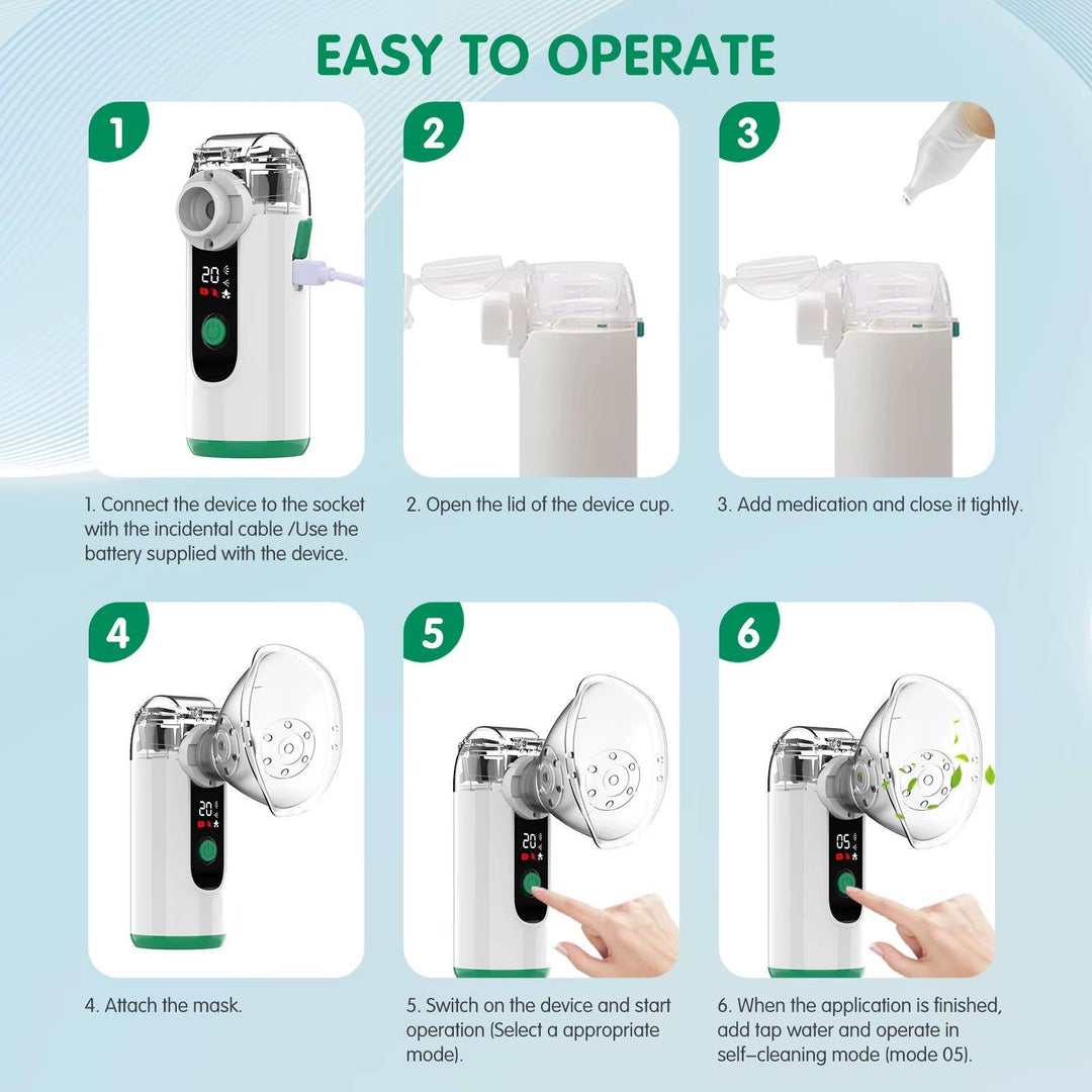 Sleek compact USB rechargeable mist inhaler, designed for quiet operation and easy breathing.