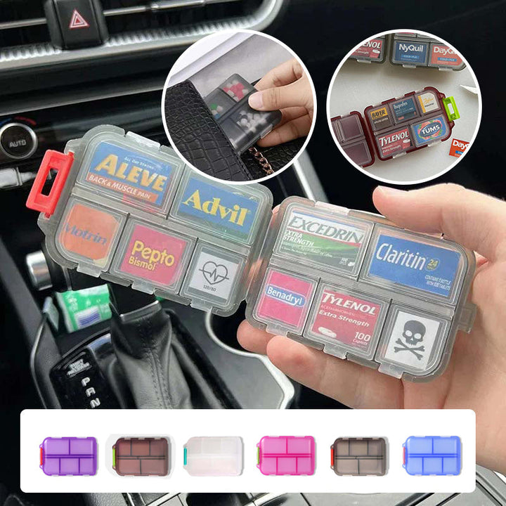 Compact travel pill organizer with 161 labels, ideal for medication storage and daily vitamins.