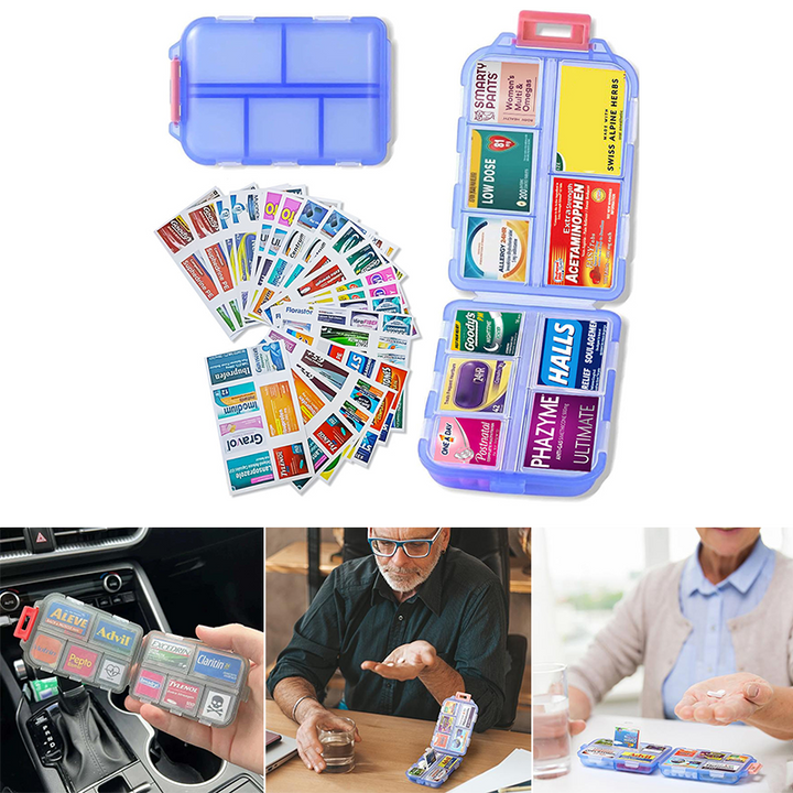 Medication organizer with 161 labels, ideal for travel and managing daily vitamins.