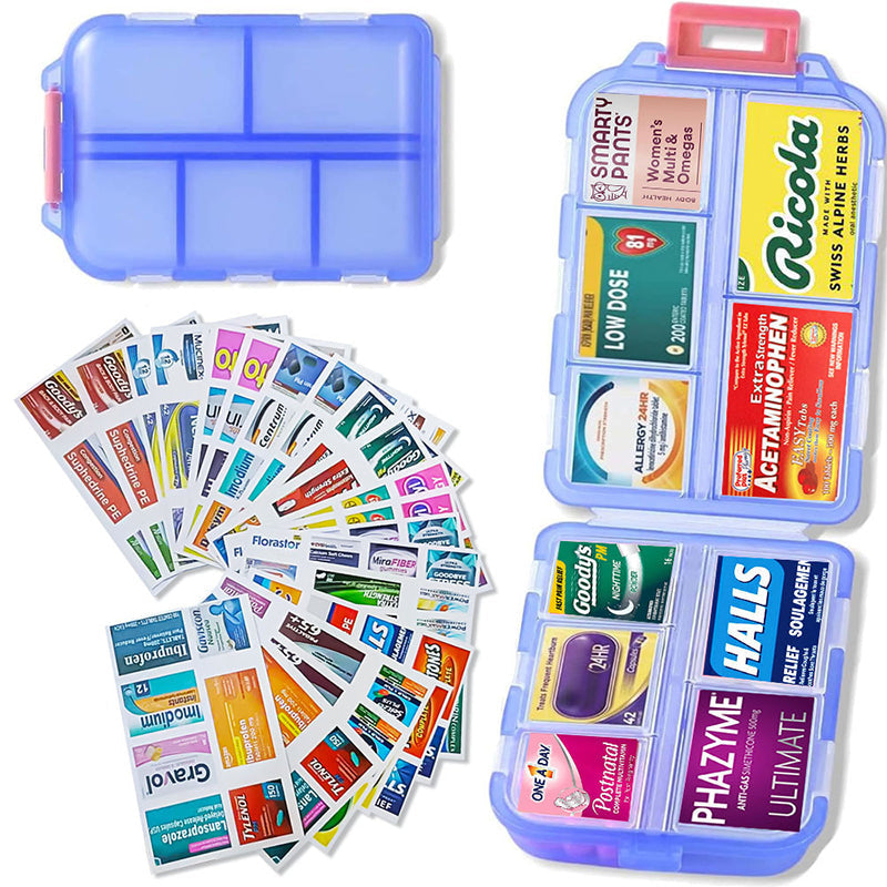 Compact travel pill organizer, waterproof design, includes 161 labels for customization.