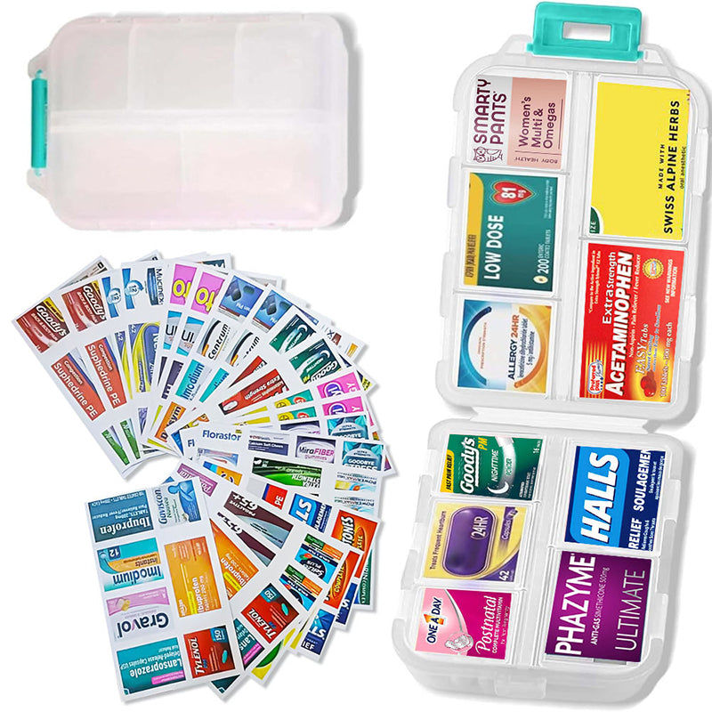 Portable pill case, a travel accessory for health management with 161 customizable labels.