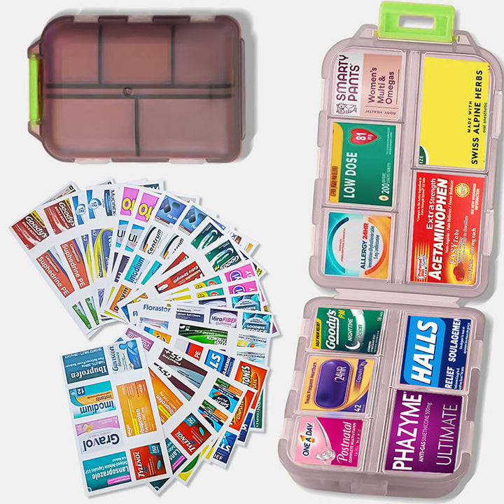 Health management: compact travel pill organizer with 161 labels for accurate dosage.