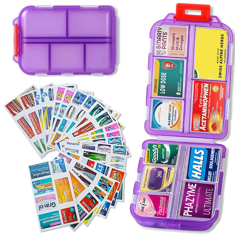 Waterproof compact pill case, perfect for travel, with 161 labels for easy use.