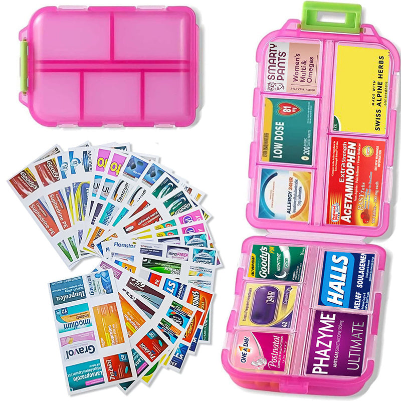 Pill organizer for medication storage, portable design with 161 labels for all needs.