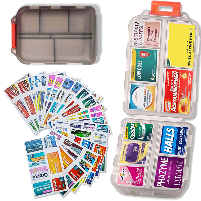 Travel medication storage, compact pill organizer with 161 labels for personal health.