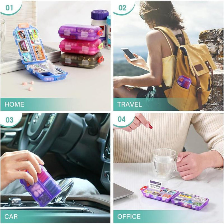 Travel accessory: compact pill organizer with 161 labels for precise medication sorting.