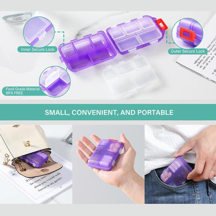 Personal healthcare product: compact pill case with 161 labels for organized travel.