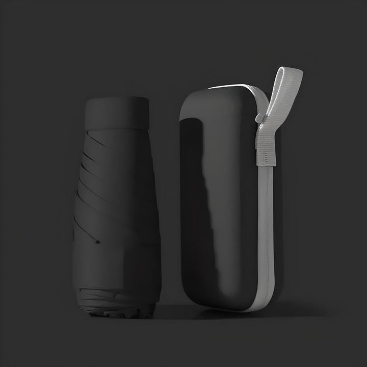 Compact travel umbrella with a black waterproof case, ideal for on-the-go rain protection.