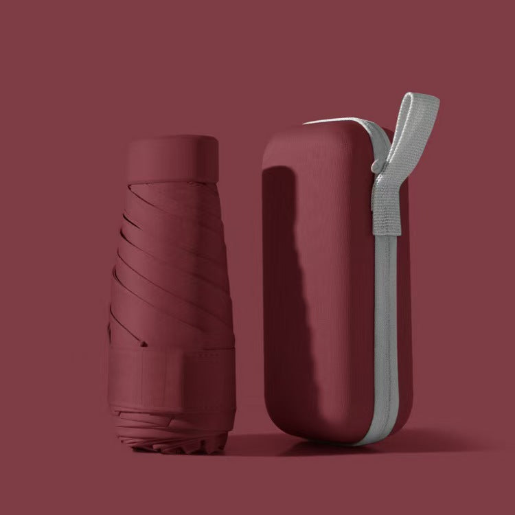 Foldable mini umbrella with waterproof case, essential rain gear for any traveler.