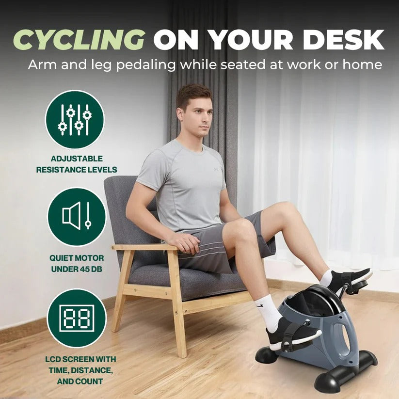 Under-desk compact pedal exerciser, adjustable resistance, quiet operation, LCD display.