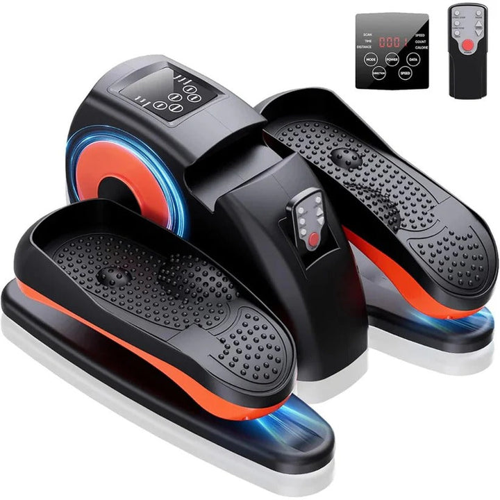 Compact under desk pedal exerciser with LCD screen & remote, perfect for quiet home office workouts.