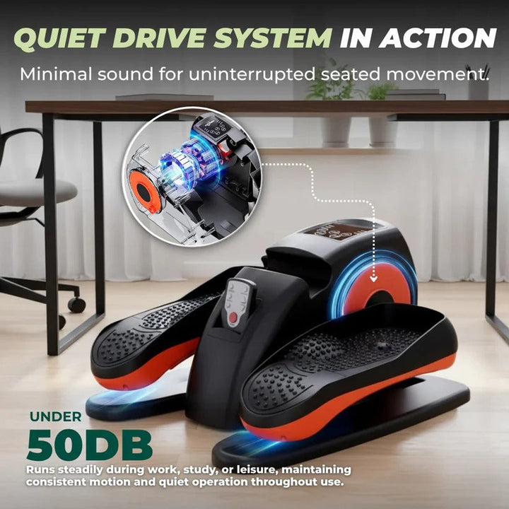 Low-impact leg exerciser, compact pedal trainer with remote & LCD display for office or home fitness.