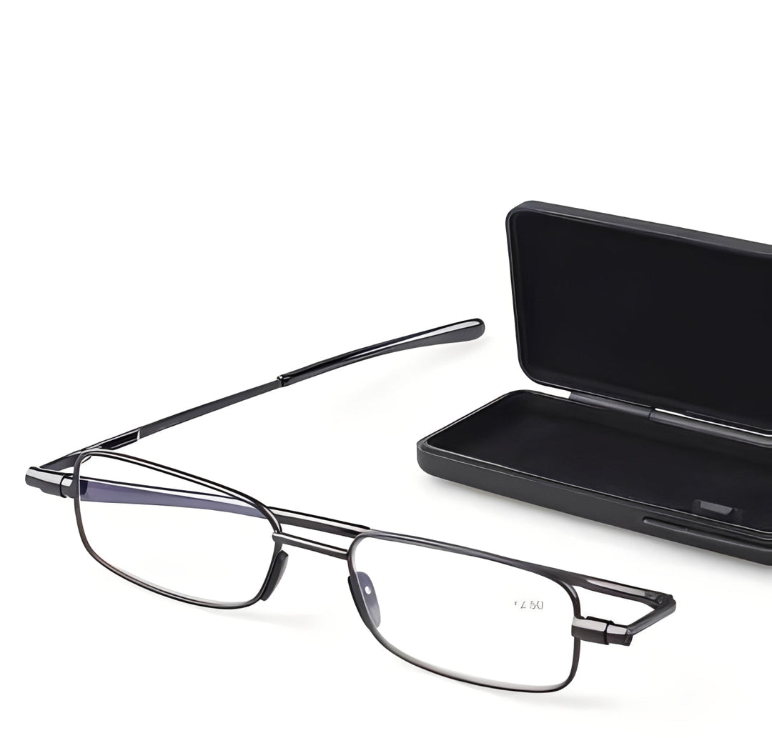 Compact unisex folding reading glasses in black, lightweight and portable, ideal for travel.