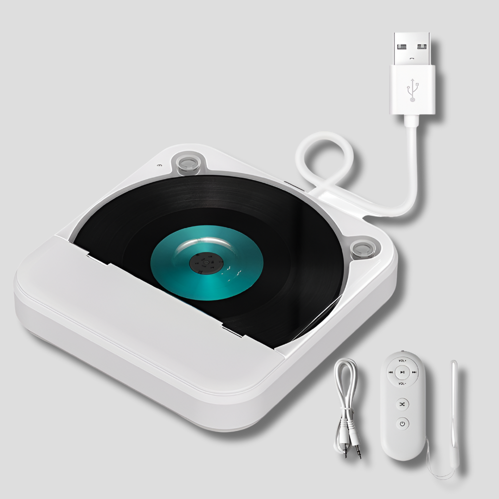 Compact white portable car CD player with USB & AUX for high-quality audio, essential for road trips.