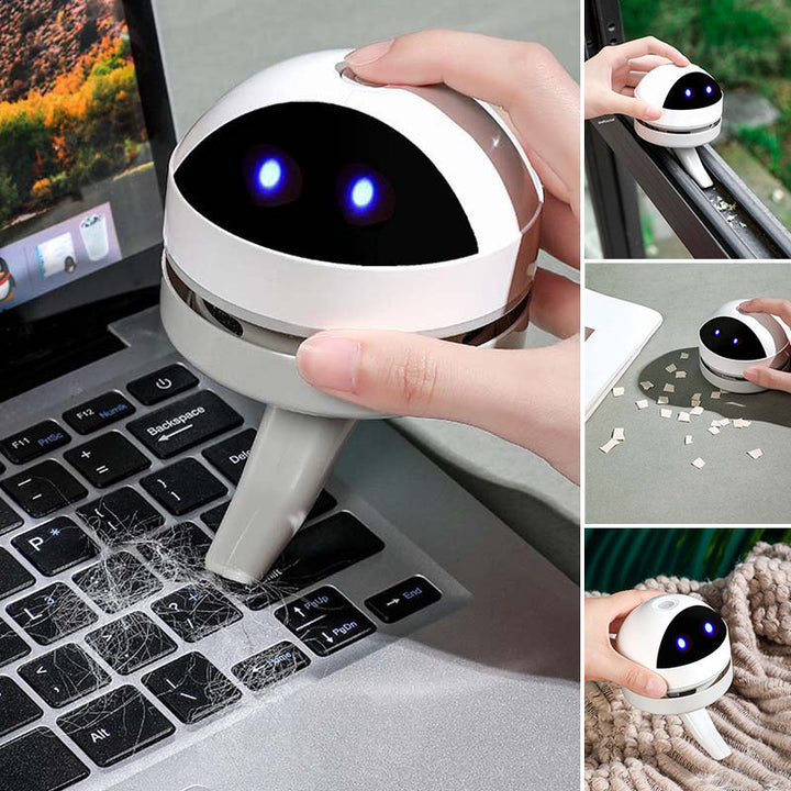 Compact white USB-charged desktop vacuum cleaner, ideal for office and home.