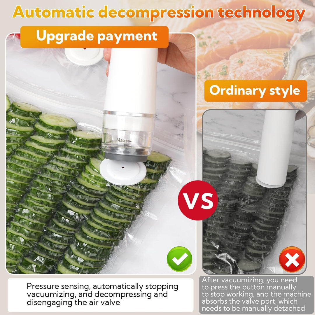 The wireless vacuum sealer charging on its base, ready for convenient food sealing