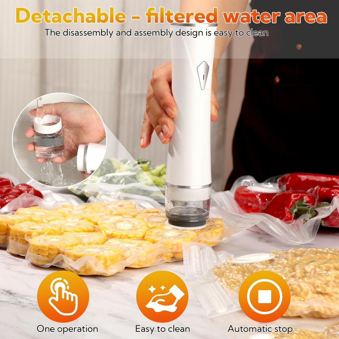Compact wireless vacuum sealer with packaging, showcasing its key features and benefits