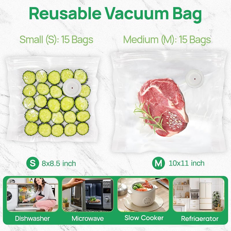 Wireless vacuum sealer kit featuring the device and a variety of durable reusable bags