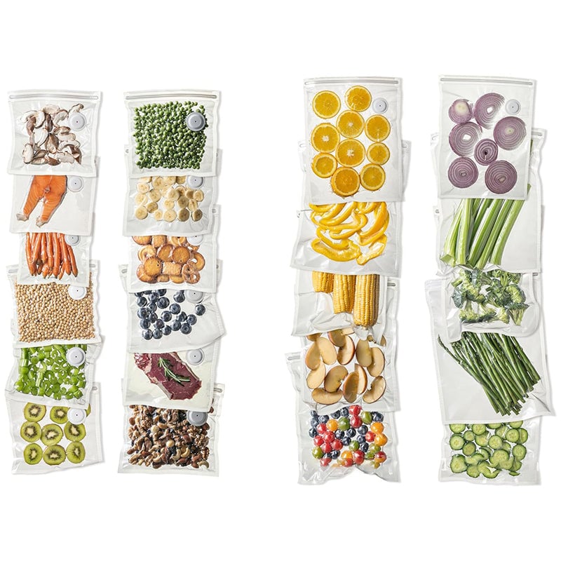 Vacuum sealer in use, demonstrating how it removes air from a reusable bag of produce