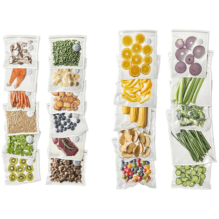 Vacuum sealer in use, demonstrating how it removes air from a reusable bag of produce