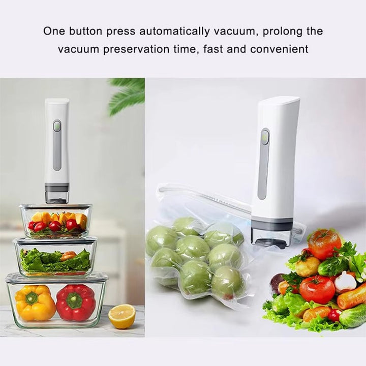 Compact wireless vacuum sealer and reusable bags, neatly organized on a kitchen counter