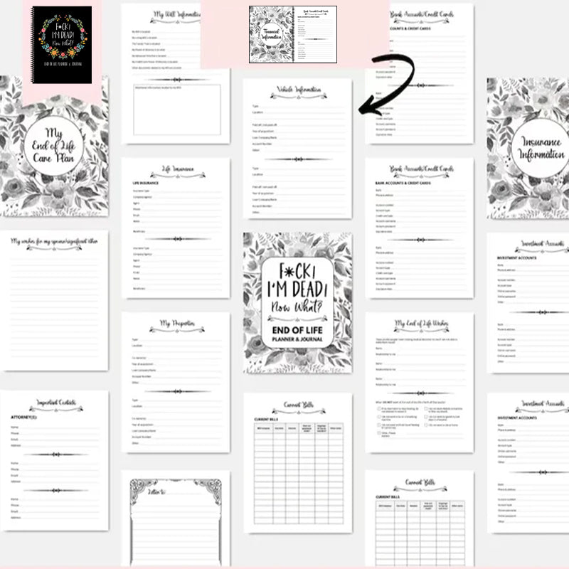 End-of-Life Planner open to a section on 'Assets & Debts', a vital financial organizer.