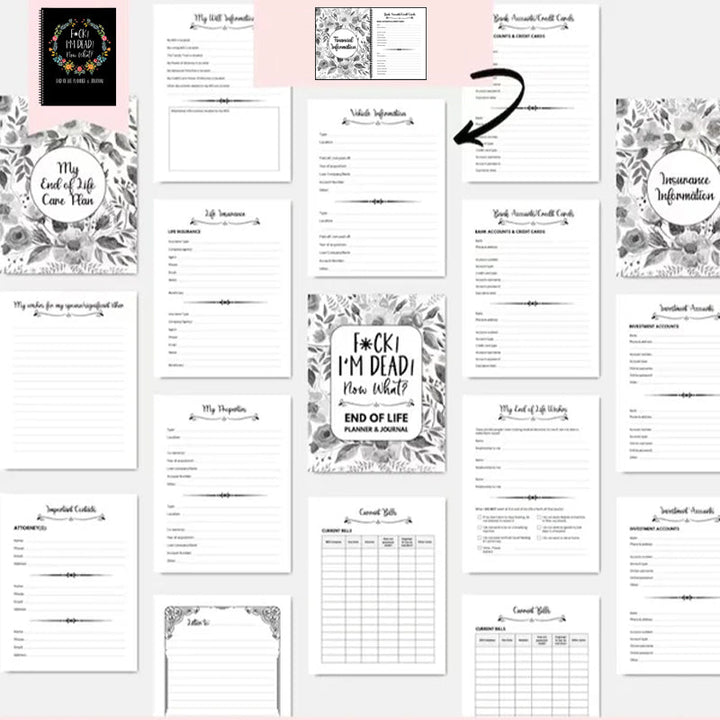 End-of-Life Planner open to a section on 'Assets & Debts', a vital financial organizer.