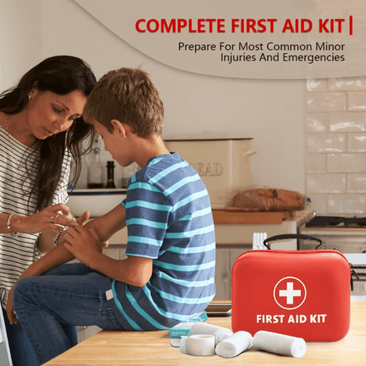 Compact first aid kit, perfect for travel, camping, hiking, or car. Essential emergency medical supplies.