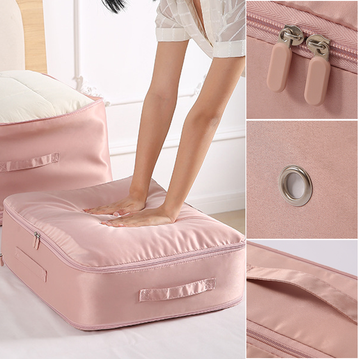 Compression duvet storage bag with a satin sheen, ready for space-saving bedding organization