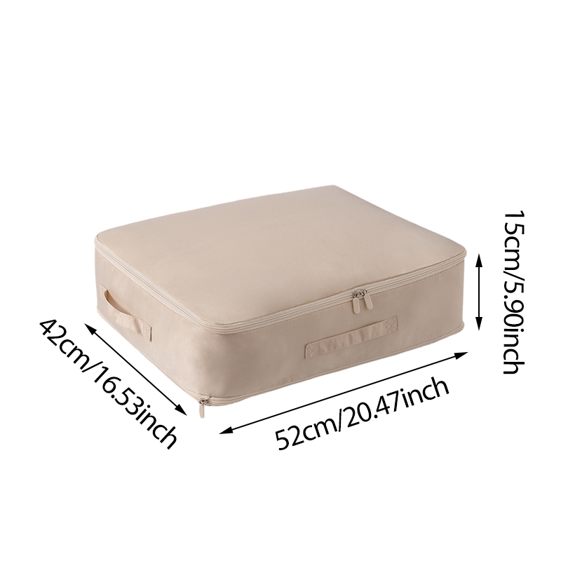 Compression bag for bedding, neatly stored in a closet, highlighting its space-saver design
