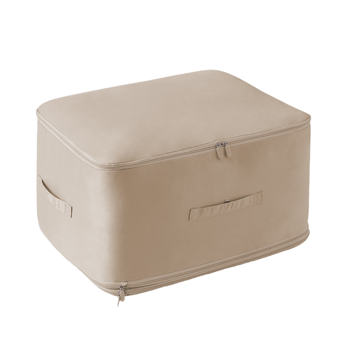 Bedding organizer: a compression storage bag for duvets, shown in a clean home environment